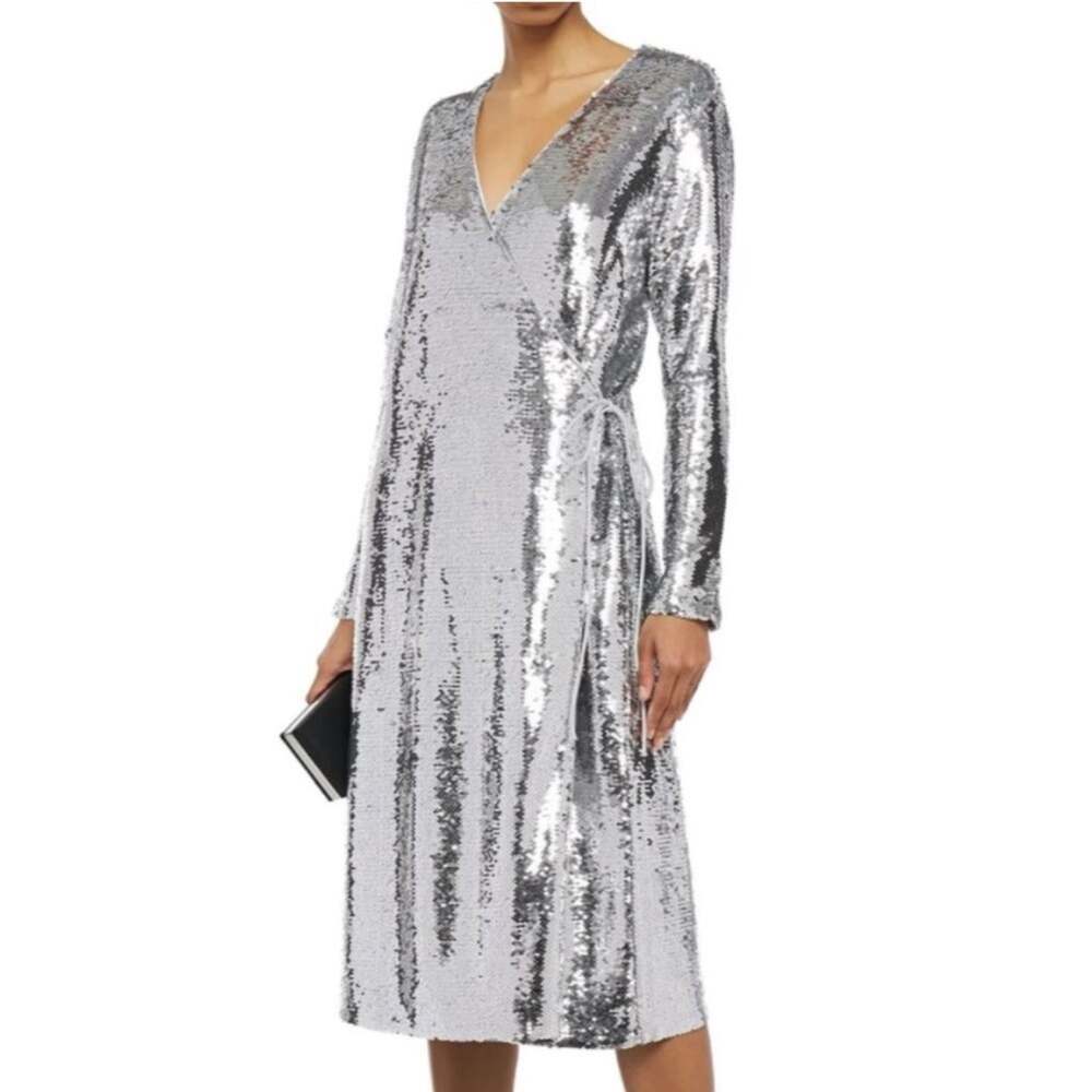 NWT GANNI Sonora Silver Wrap Sequin Midi Dress 34 US 2